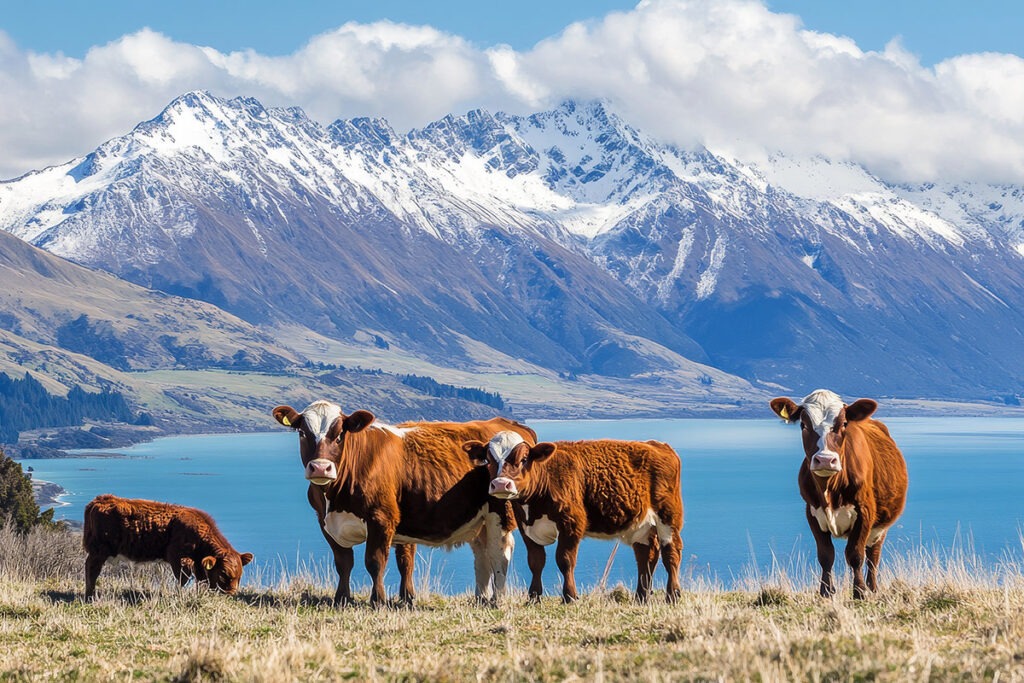New Zealand cattle with lake and mountains in background